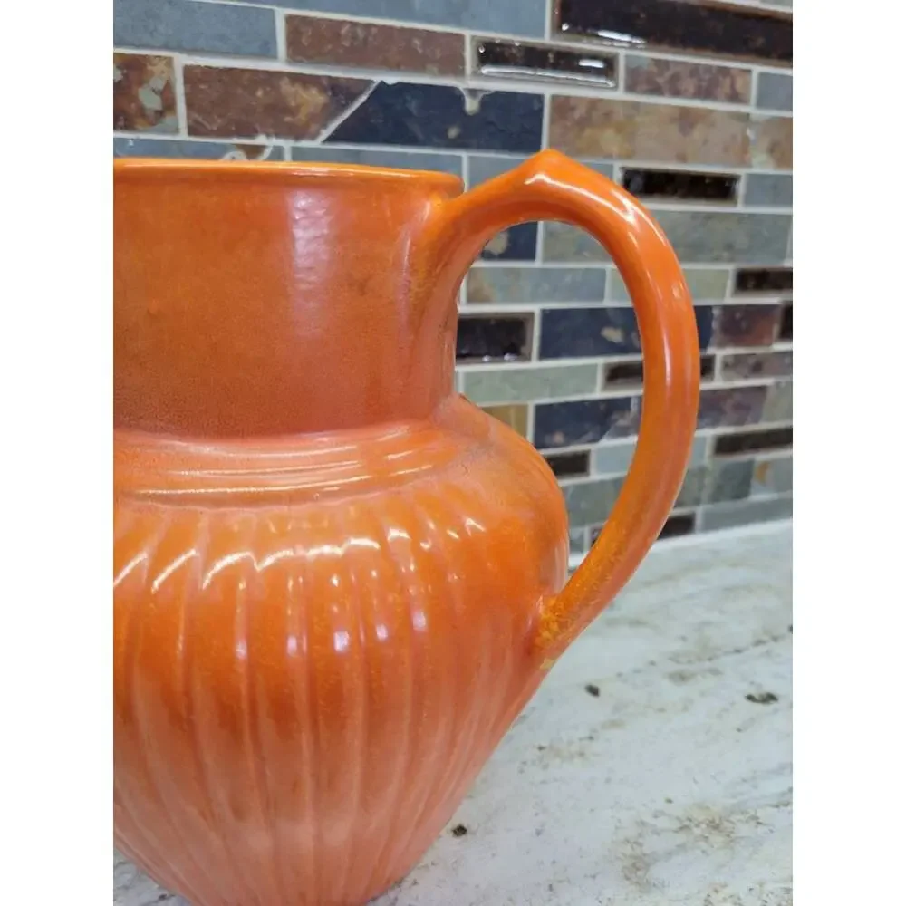 Vintage Red Wing Pottery Gypsy Trail Reed Orange Ribbed Ceramic Art Deco Pitcher